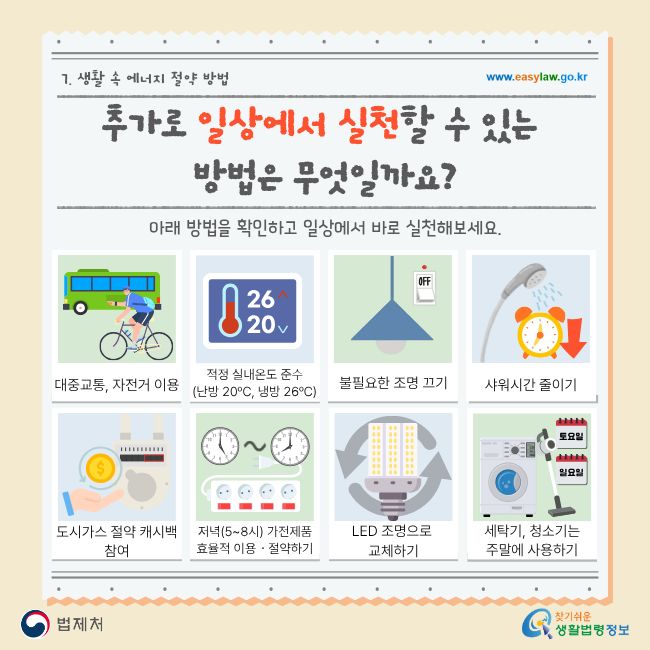 7. 생활 속 에너지 절약 방법 www.easylaw.go.kr 추가로 일상에서 실천할 수 있는 방법은 무엇일까요? 아래 방법을 확인하고 일상에서 바로 실천해보세요. 대중교통, 자전거 이용 적정 실내온도 준수(난방 20ºC, 냉방 26ºC) 불필요한 조명 끄기 샤워시간 줄이기 도시가스 절약 캐시백 참여 저녁(5~8시) 가전제품효율적 이용ㆍ절약하기 LED 조명으로 교체하기 세탁기, 청소기는주말에 사용하기 법제처 찾기 쉬운 생활법령정보
