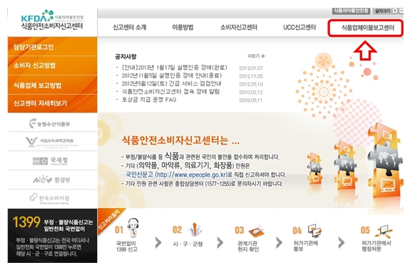 불량식품신고 번호 안내와 신고처리절차가 안내되어 있으며, 센터를 소개하는 설명이 있는 식품안전소비자신고센터 홈페이지 메인화면
