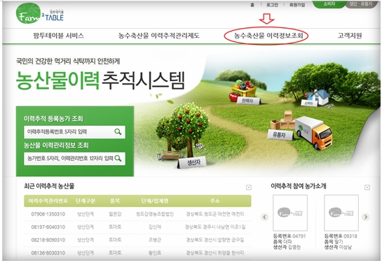 이력추적등록번호 5자리를 입력하여 이력추적 등록농가를 조회할 수 있고, 농가번호 5자리 및 이력관리번호 12자리를 입력하여 농산물 이력관리정보를 조회할 수 있는 농산물이력추적시스템 홈페이지 메인화면