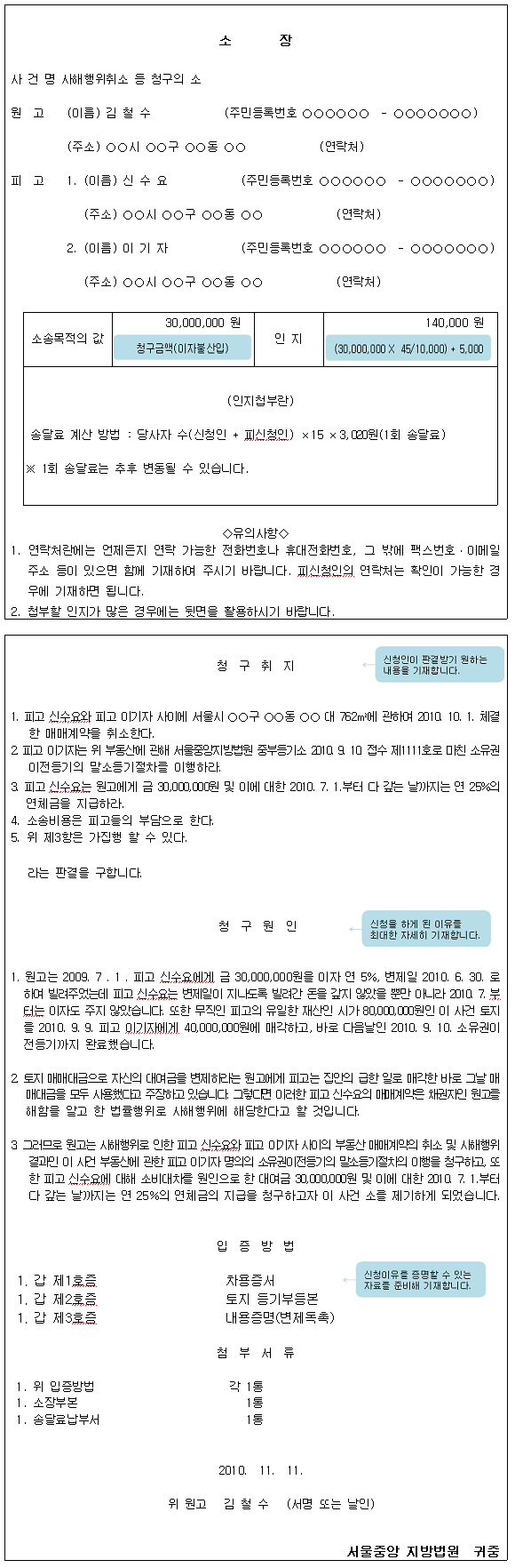 사해행위취소 등 청구소송 신청서 작성 예시로 사건명, 원고 및 피고의 성명 주소, 소송목적의 값, 인지 값 등을 작성해야 합니다.