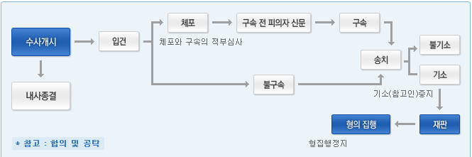 형사소송절차도(수사개시, 입건, 체포, 구속 전 피의자 신문, 구속, 송치, 기소 시 재판)