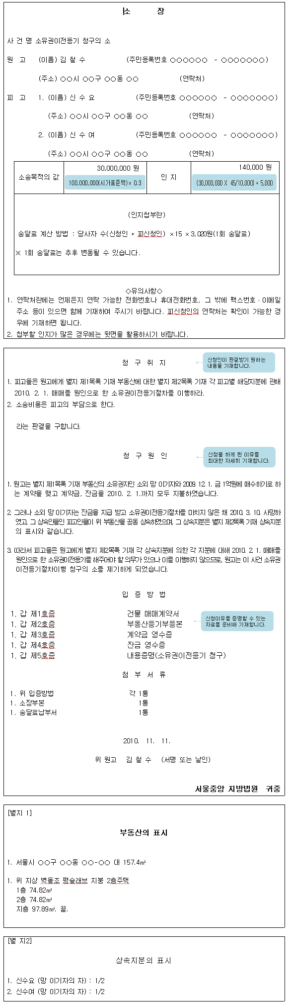 소유권이전등기 청구소송 신청서 작성 예시로 원고 및 피고의 성명, 주소를 작성하고 소송목적의 값, 인지 값 등을 기재해야 합니다.