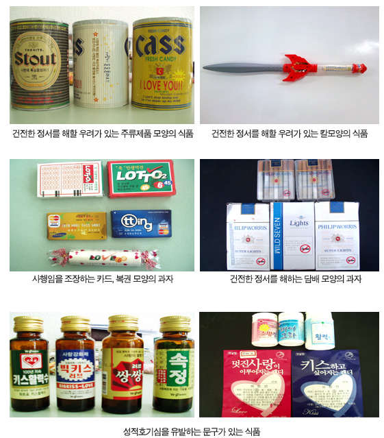 건전한 정서를 해할 우려가 있는 주류제품 모양의 식품, 건전한 정서를 해할 우려가 있는 칼모양의 식품, 사행임을 조장하는 카드 및 복권 모양의 과자, 건전한 정서를 해하는 담배 모양의 과자, '키스하고 싶어지는 캔디' 등 성적호기심을 유발하는 문구가 있는 식품의 사진들