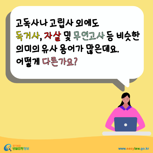 고독사나 고립사 외에도 독거사, 자살 및 무연고사 등 비슷한 의미의 유사 용어가 많은데요. 어떻게 다른가요? 찾기쉬운생활법령정보 www.easylaw.go.kr
