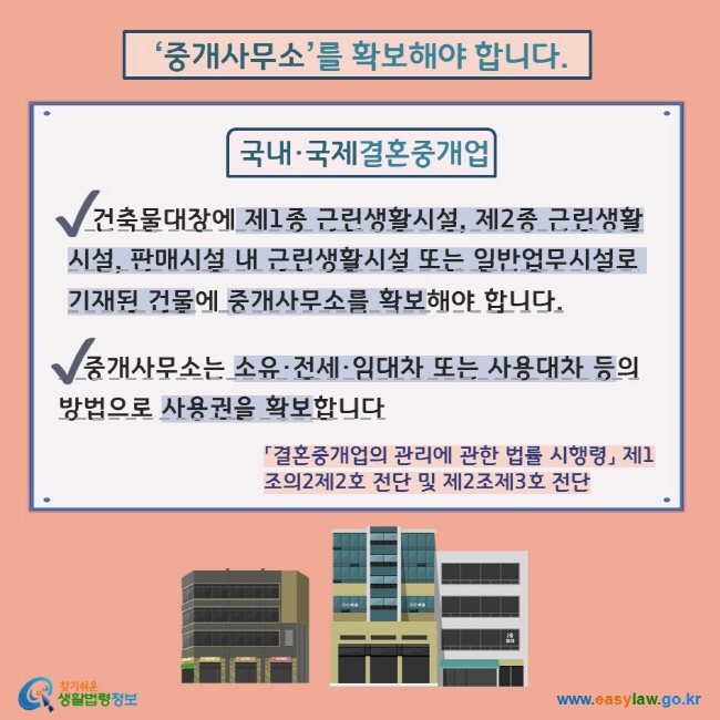 ‘중개사무소’를 확보해야 합니다. 국내·국제결혼중개업 V 건축물대장에 제1종 근린생활시설, 제2종 근린생활시설, 판매시설 내 근린생활시설 또는 일반업무시설로 기재된 건물에 중개사무소를 확보해야 합니다. V    중개사무소는 소유·전세·임대차 또는 사용대차 등의 방법으로 사용권을 확보합니다. 「결혼중개업의 관리에 관한 법률 시행령」 제1조의2제2호 전단 및 제2조제3호 전단 