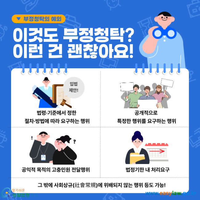부정청탁의 예외: 이것도 부정청탁? 이런 건 괜찮아요! 1. 법령·기준에서 정한 절차·방법에 따라 요구하는 행위(입법 제안!) 2. 공개적으로 특정한 행위를 요구하는 행위 3. 공익적 목적의 고충민원 전달 행위 4. 법정기한 내 처리요구 5. 그 밖에 사회상규(社會常規)에 위배되지 않는 행위 등도 가능! 찾기쉬운 생활법령정보(www.easylaw.go.kr)