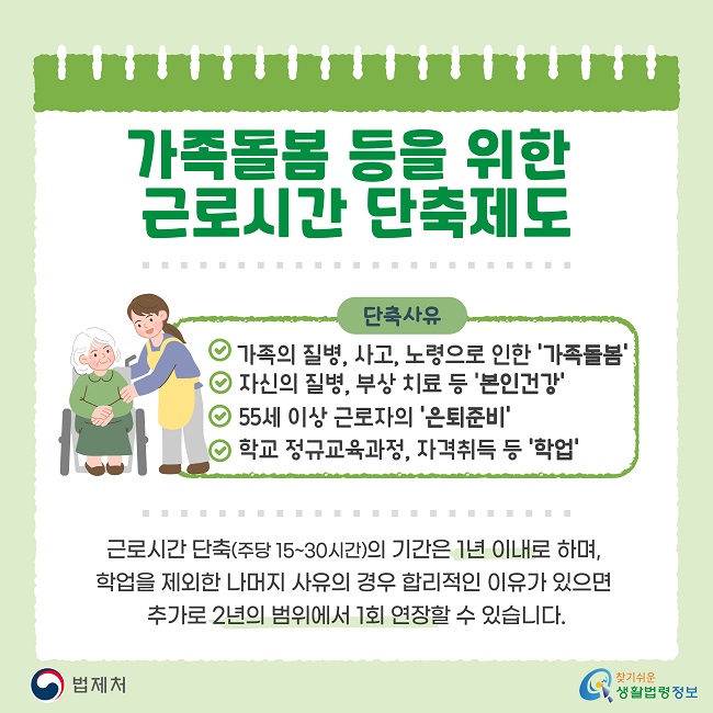 가족돌봄 등을 위한 근로시간 단축제도 단축사유: 가족의 질병, 사고, 노령으로 인한 '가족돌봄', 자신의 질병, 부상 치료 등 '본인건강', 55세 이상 근로자의 '은퇴준비', 학교 정규교육과정, 자격취득 등 '학업' 근로시간 단축(주당 15~30시간)의 기간은 1년 이내로 하며, 학업을 제외한 나머지 사유의 경우 합리적인 이유가 있으면 추가로 2년의 범위에서 1회 연장할 수 있습니다
