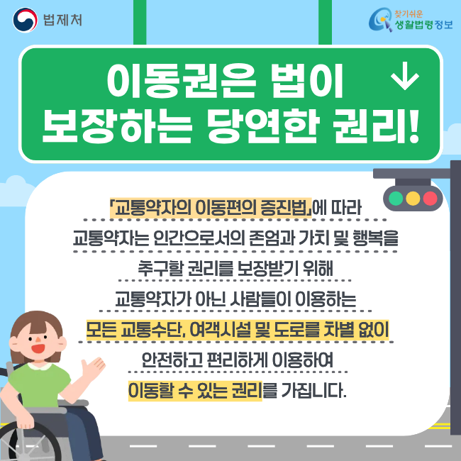 이동권은 법이 보장하는 당연한 권리! 「교통약자의 이동편의 증진법」에 따라 교통약자는 인간으로서의 존엄과 가치 및 행복을 추구할 권리를 보장받기 위해 교통약자가 아닌 사람들이 이용하는 모든 교통수단, 여객시설 및 도로를 차별 없이 안전하고 편리하게 이용하여 이동할 수 있는 권리를 가집니다. (법제처/찾기쉬운 생활법령정보)