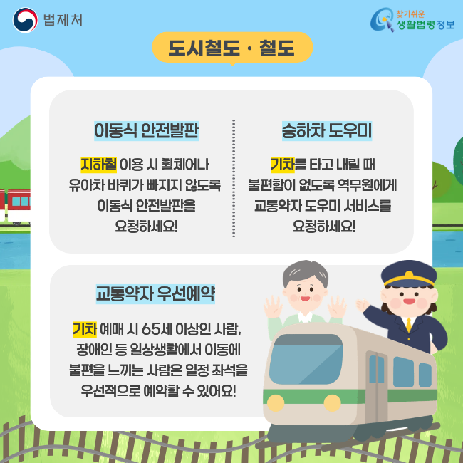 도시철도 · 철도 이동식 안전발판 지하철 이용 시 휠체어나 유아차 바퀴가 빠지지 않도록 이동식 안전발판을 요청하세요! 승하차 도우미 기차를 타고 내릴 때 불편함이 없도록 역무원에게 교통약자 도우미 서비스를 요청하세요! 교통약자 우선예약 기차 예매 시 65세 이상인 사람, 장애인 등 일상생활에서 이동에 불편을 느끼는 사람은 일정 좌석을 우선적으로 예약할 수 있어요! (법제처/찾기쉬운 생활법령정보)