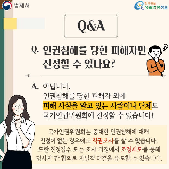 법제처 찾기쉬운 생활법령정보 Q&A Q. 인권침해를 당한 피해자만 진정할 수 있나요? A. 아닙니다. 인권침해를 당한 피해자 외에 피해 사실을 알고 있는 사람이나 단체도 국가인권위원회에 진정할 수 있습니다! 국가인권위원회는 중대한 인권침해에 대해 진정이 없는 경우에도 직권조사를 할 수 있습니다. 또한 진정접수 또는 조사 과정에서 조정제도를 통해 당사자 간 합의로 자발적 해결을 유도할 수 있습니다.