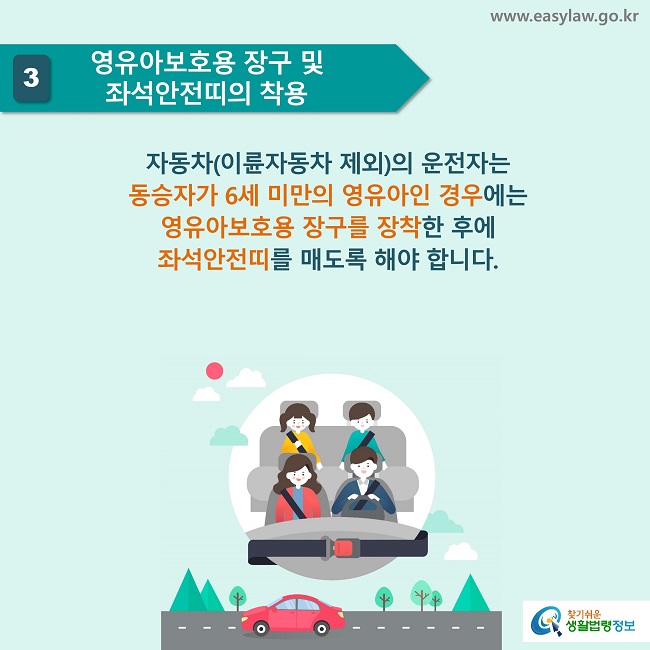 3 영유아보호용 장구 및 좌석안전띠의 착용
자동차(이륜자동차 제외)의 운전자는 
동승자가 6세 미만의 영유아인 경우에는 
영유아보호용 장구를 장착한 후에 
좌석안전띠를 매도록 해야 합니다.
