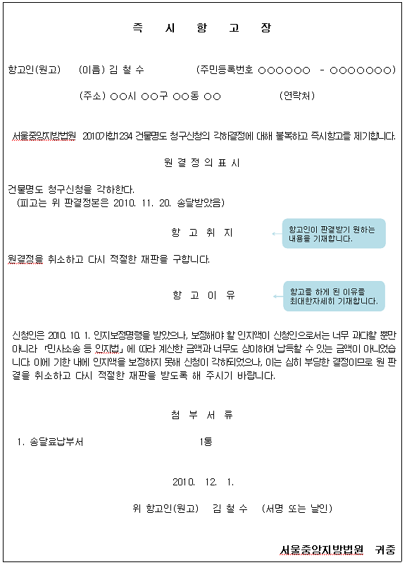 즉시항고장 작성 예시로 항고인의 성명 주소, 원결정의 표시, 항고취지 및 항고이유 등을 작성해야 합니다.