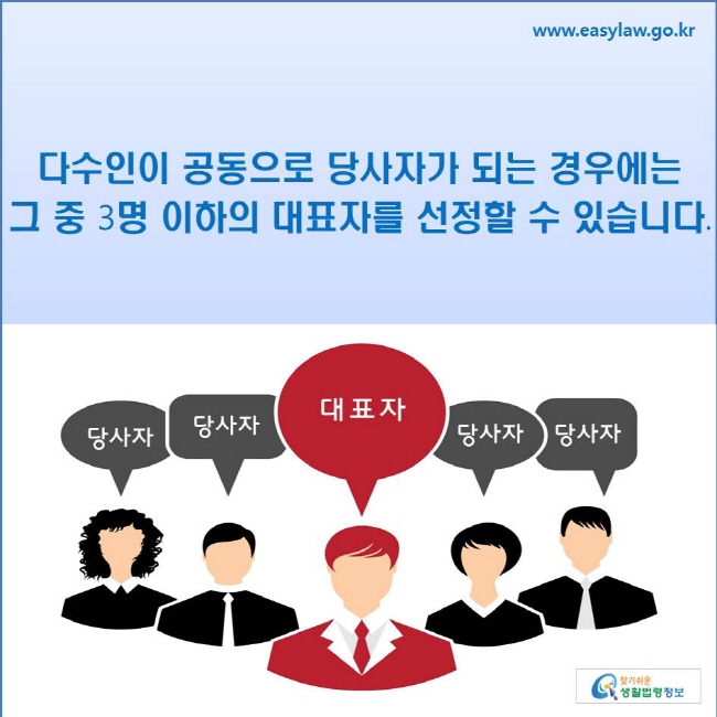 다수인이 공동으로 당사자가 되는 경우에는 그 중 3명 이하의 대표자를 선정할 수 있습니다.