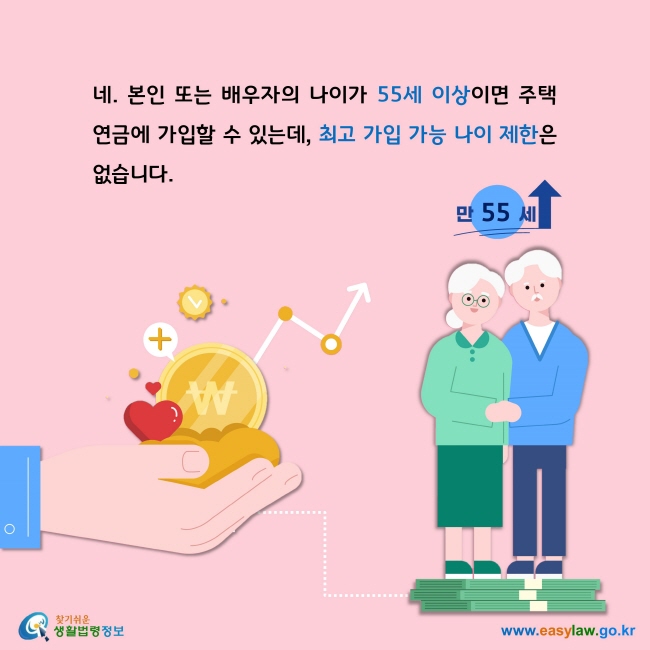 네. 본인 또는 배우자의 나이가 55세 이상이면 주택연금에 가입할 수 있는데, 최고 가입 가능 나이 제한은 없습니다. 