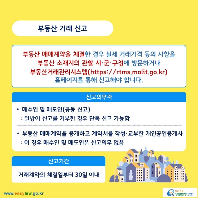 부동산 거래 신고

부동산 매매계약을 체결한 경우 실제 거래가격 등의 사항을 부동산 소재지의 관할 시·군·구청에 방문하거나 부동산거래관리시스템(https://rtms.molit.go.kr) 홈페이지를 통해 신고해야 합니다.

신고의무자
● 매수인 및 매도인(공동 신고)
: 일방이 신고를 거부한 경우 단독 신고 가능함
● 부동산 매매계약을 중개하고 계약서를 작성·교부한 개인공인중개사
: 이 경우 매수인 및 매도인은 신고의무 없음

신고기간
: 거래계약의 체결일부터 30일 이내