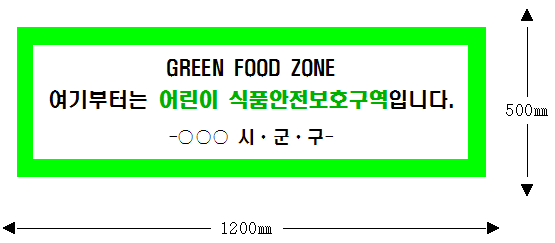 어린이 식품안전보호구역을 나타내는 가로형 표지판으로 직사각형 테투리는 연두색이고 GRREN FOOD ZONE 여기부터는 어린이 식품안전보호구역입니다. 라는 문구가 적혀있는 그림입니다.