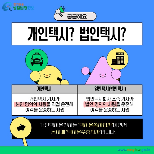 궁금해요 개인택시? 법인택시? 개인택시는 개인택시 기사가 본인 명의의 차량을 직접 운전해 여객을 운송하는 사업이고 일반택시(법인택시)는 법인택시회사 소속 기사가 법인 명의의 차량을 운전해 여객을 운송하는 사업입니다. 개인택시운전자는 택시운송사업자이면서 동시에 택시운수종사자입니다.
