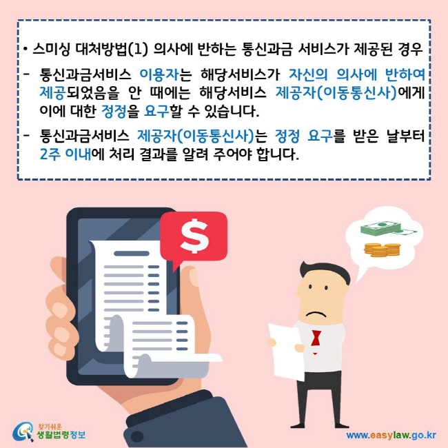 스미싱 대처방법(1) 의사에 반하는 통신과금 서비스가 제공된 경우
통신과금서비스 이용자는 해당서비스가 자신의 의사에 반하여 제공되었음을 안 때에는 해당서비스 제공자(이동통신사)에게 이에 대한 정정을 요구할 수 있습니다.
통신과금서비스 제공자(이동통신사)는 정정 요구를 받은 날부터 2주 이내에 처리 결과를 알려 주어야 합니다.
찾기쉬운 생활법령정보 로고
www.easylaw.go.kr