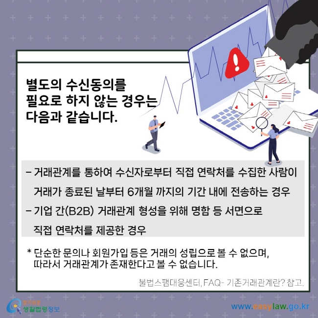 별도의 수신동의를 필요로 하지 않는 경우는 다음과 같습니다. 거래관계를 통하여 수신자로부터 직접 연락처를 수집한 사람이 거래가 종료된 날부터 6개월 까지의 기간 내에 전송하는 경우. 기업 간(B2B) 거래관계 형성을 위해 명함 등 서면으로 직접 연락처를 제공한 경우. ＊단순한 문의나 회원가입 등은 거래의 성립으로 볼 수 없으며, 따라서 거래관계가 존재한다고 볼 수 없습니다. 불법스팸대응센터, FAQ- 기존거래관계란? 참고.