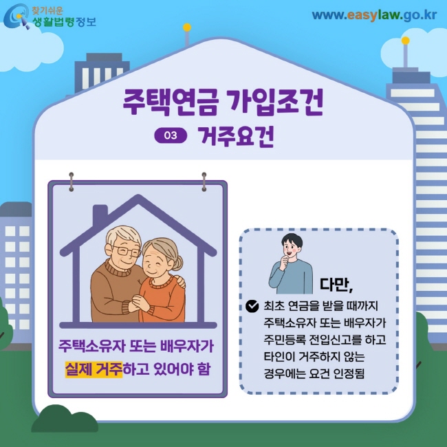 주택연금 가입조건 03 거주요건 주택소유자 또는 배우자가 실제 거주하고 있어야 함 다만, 최초 연금을 받을 때까지 주택소유자 또는 배우자가 주민등록 전입신고를 하고 타인이 거주하지 않는 경우에는 요건 인정됨