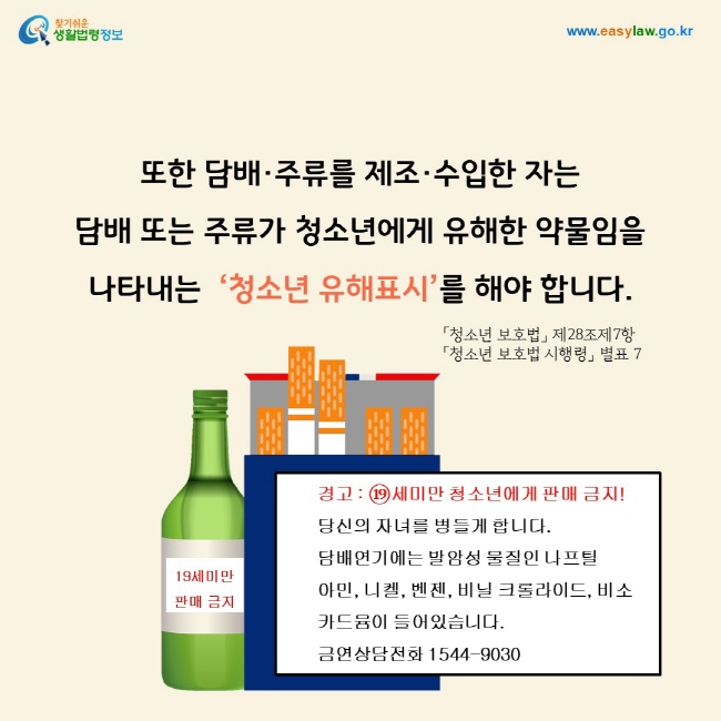 또한 담배·주류를 제조·수입한 자는  담배 또는 주류가 청소년에게 유해한 약물임을  나타내는  ‘청소년 유해표시’를 해야 합니다.「청소년 보호법」 제28조제7항 및 「청소년 보호법 시행령」 별표 7