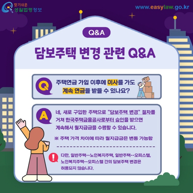 Q&A 담보주택 변경 관련 Q&A Q. 주택연금 가입 이후에 이사를 가도  계속 연금을 받을 수 있나요? A. 네, 새로 구입한 주택으로 "담보주택 변경" 절차를 거쳐 한국주택금융공사로부터 승인을 받으면  계속해서 월지급금을 수령할 수 있습니다. ※ 주택 가격 차이에 따라 월지급금은 변동 가능함 ! 다만, 일반주택↔노인복지주택, 일반주택↔오피스텔,  노인복지주택↔오피스텔 간의 담보주택 변경은  허용되지 않습니다.