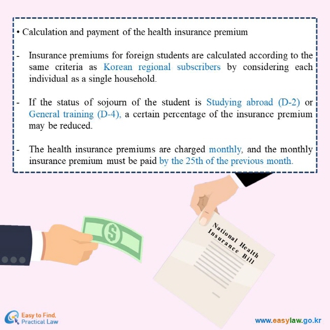Calculation and payment of the health insurance premium
Insurance premiums for foreign students are calculated according to the same criteria as Korean regional subscribers by considering each individual as a single household.
If the status of sojourn of the student is Studying abroad (D-2) or General training (D-4), a certain percentage of the insurance premium may be reduced.
The health insurance premiums are charged monthly, and the monthly insurance premium must be paid by the 25th of the previous month. 
Easy to Find, Practical Law
www.easylaw.go.kr