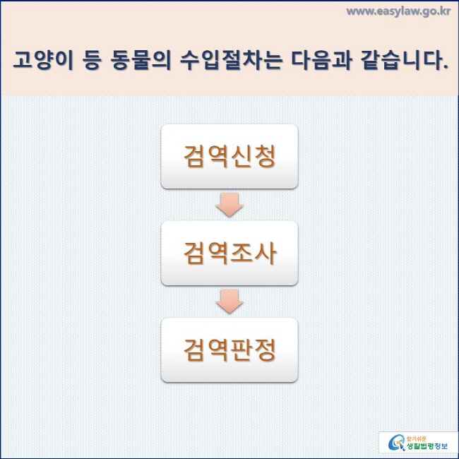 고양이 등 동물의 수입절차는 다음과 같습니다.
검역신청 → 검역조사 → 검역판정
