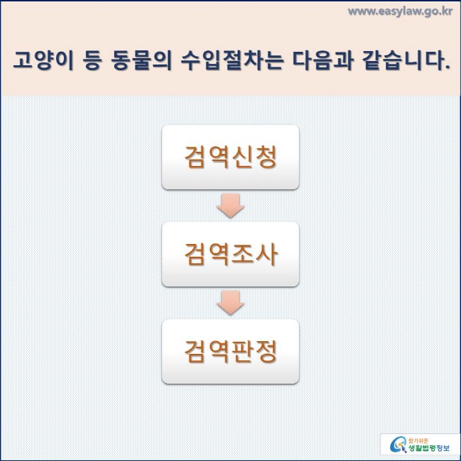 고양이 등 동물의 수입절차는 다음과 같습니다.
검역신청 → 검역조사 → 검역판정
