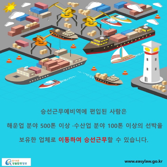 승선근무예비역에 편입된 사람은 해운업 분야 500톤 이상 ·수산업 분야 100톤 이상의 선박을 보유한 업체로 이동하여 승선근무할 수 있습니다.

