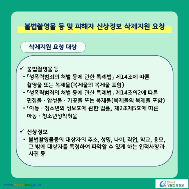 불법촬영물 등 및 피해자 신상정보 삭제지원 요청 삭제지원 요청 대상 √ 불법촬영물 등 ㆍ「성폭력범죄의 처벌 등에 관한 특례법」 제14조에 따른 촬영물 또는 복제물(복제물의 복제물 포함) ㆍ「성폭력범죄의 처벌 등에 관한 특례법」 제14조의2에 따른 편집물ㆍ합성물ㆍ가공물 또는 복제물(복제물의 복제물 포함) ㆍ「아동ㆍ청소년의 성보호에 관한 법률」 제2조제5호에 따른 아동ㆍ청소년성착취물 √ 신상정보 ㆍ 불법촬영물등의 대상자의 주소, 성명, 나이, 직업, 학교, 용모, 그 밖에 대상자를 특정하여 파악할 수 있게 하는 인적사항과 사진 등