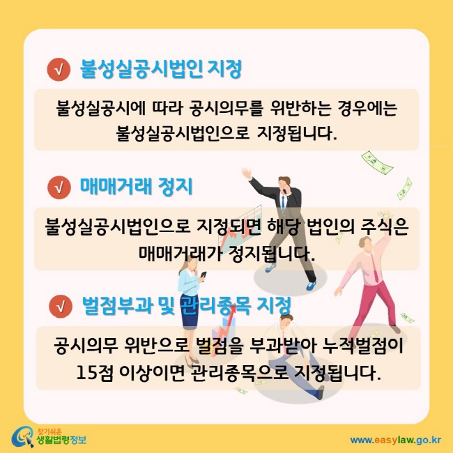 불성실공시법인 지정 불성실공시에 따라 공시의무를 위반하는 경우에는 불성실공시법인으로 지정됩니다. 매매거래 정지 불성실공시법인으로 지정되면 해당 법인의 주식은 매매거래가 정지됩니다. 벌점부과 및 관리종목 지정 공시의무 위반으로 벌점을 부과받아 누적벌점이 15점 이상이면 관리종목으로 지정됩니다. 