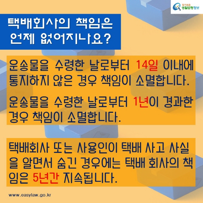 택배회사의 책임은 
언제 없어지나요?
운송물을 수령한 날로부터 14일 이내에 통지하지 않은 경우 책임이 소멸합니다.
운송물을 수령한 날로부터 1년이 경과한 경우 책임이 소멸합니다.
택배회사 또는 사용인이 택배 사고 사실을 알면서 숨긴 경우에는 택배 회사의 책임은 5년간 지속됩니다.
찾기쉬운생활법령정보
www.easylaw.go.kr
