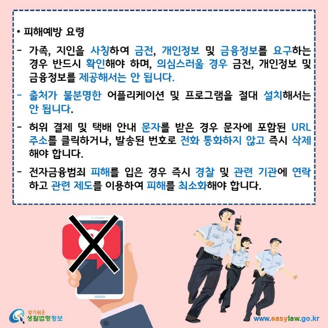 피해예방 요령
가족, 지인을 사칭하여 금전, 개인정보 및 금융정보를 요구하는 경우 반드시 확인해야 하며, 의심스러울 경우 금전, 개인정보 및 금융정보를 제공해서는 안 됩니다.
출처가 불분명한 어플리케이션 및 프로그램을 절대 설치해서는 안 됩니다.
허위 결제 및 택배 안내 문자를 받은 경우 문자에 포함된 URL주소를 클릭하거나, 발송된 번호로 전화 통화하지 않고 즉시 삭제해야 합니다.
전자금융범죄 피해를 입은 경우 즉시 경찰 및 관련 기관에 연락하고 관련 제도를 이용하여 피해를 최소화해야 합니다.
찾기쉬운 생활법령정보 로고
www.easylaw.go.kr