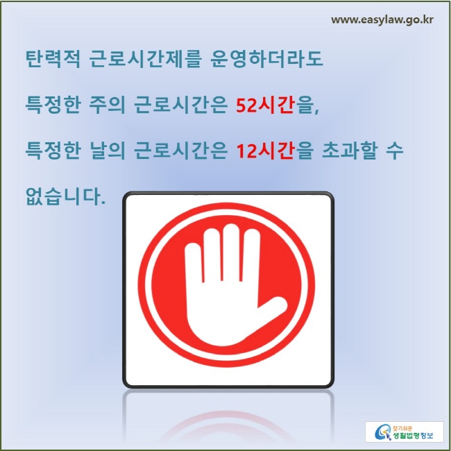 탄력적 근로시간제를 운영하더라도 특정한 주의 근로시간은 52시간을, 특정한 날의 근로시간은 12시간을 초과할 수 없습니다. 