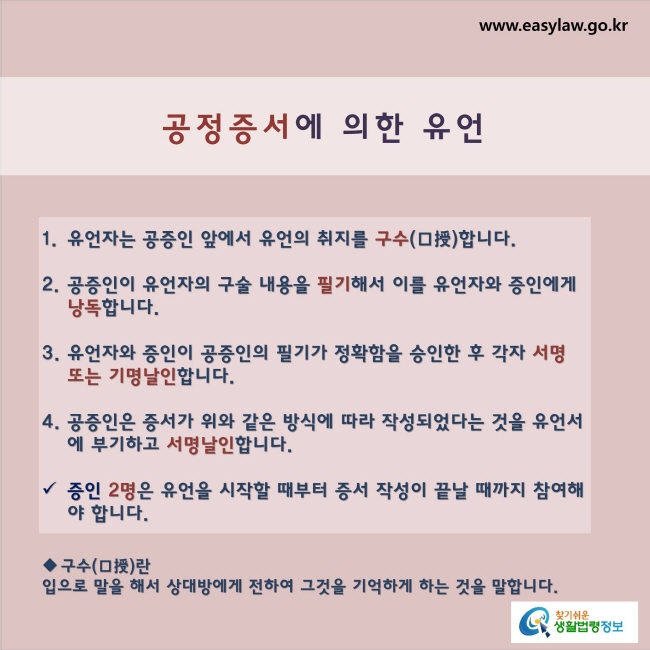 공정증서에 의한 유언1. 유언자는 공증인 앞에서 유언의 취지를 구수(口授)합니다.2. 공증인이 유언자의 구술 내용을 필기해서 이를 유언자와 증인에게 낭독합니다.3. 유언자와 증인이 공증인의 필기가 정확함을 승인한 후 각자 서명 또는 기명날인합니다.4. 공증인은 증서가 위와 같은 방식에 따라 작성되었다는 것을 유언서에 부기하고 서명날인합니다. 증인 2명은 유언을 시작할 때부터 증서 작성이 끝날 때까지 참여해야 합니다.※ 구수(口授)란입으로 말을 해서 상대방에게 전하여 그것을 기억하게 하는 것을 말합니다.