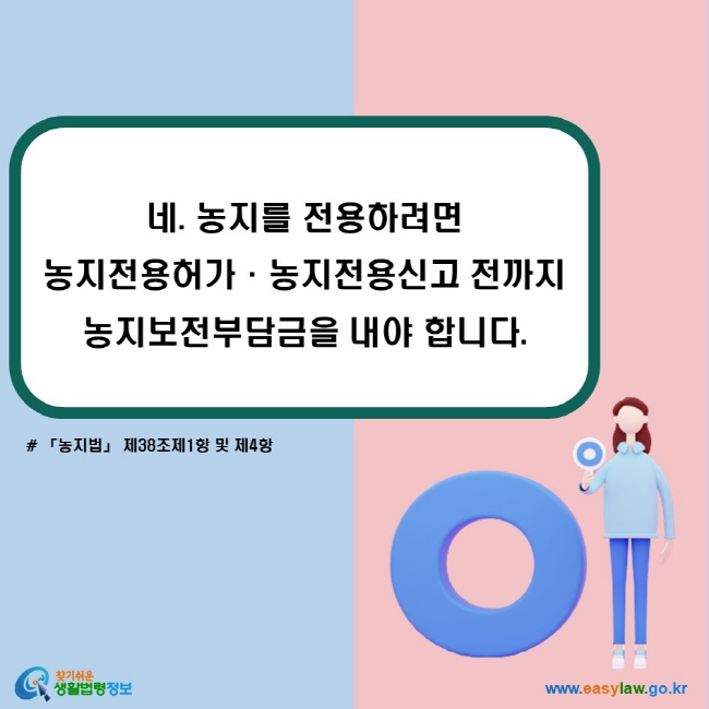 네. 농지를 전용하려면 농지전용허가·농지전용신고 전까지 농지보전부담금을 내야 합니다. (「농지법」 제38조제1항 및 제4항)