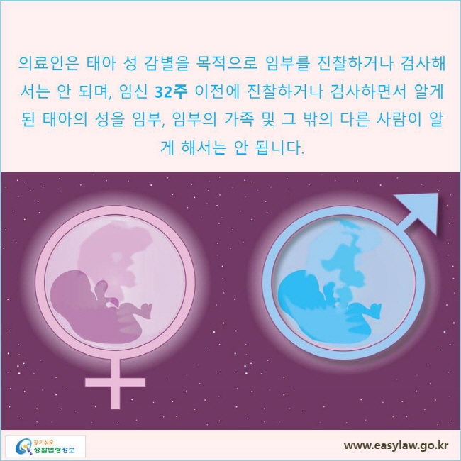 의료인은 태아 성 감별을 목적으로 임부를 진찰하거나 검사해서는 안 되며, 임신 32주 이전에 진찰하거나 검사하면서 알게 된 태아의 성을 임부, 임부의 가족 및 그 밖의 다른 사람이 알게 해서는 안 됩니다.