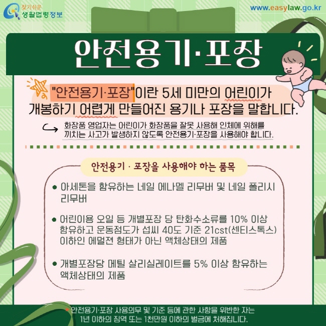 안전용기 포장 "안전용기·포장"이란 5세 미만의 어린이가  개봉하기 어렵게 만들어진 용기나 포장을 말합니다. 화장품 영업자는 어린이가 화장품을 잘못 사용해 인체에 위해를  끼치는 사고가 발생하지 않도록 안전용기·포장을 사용해야 합니다. 안전용기, 포장을 사용해야 하는 품목: 아세톤을 함유하는 네일 에나멜 리무버 및 네일 폴리시 리무버, 어린이용 오일 등 개별포장 당 탄화수소류를 10% 이상 함유하고 운동점도가 섭씨 40도 기준 21cst(센티스톡스) 이하인 에멀젼 형태가 아닌 액체상태의 제품, 개별포장당 메틸 살리실레이트를 5% 이상 함유하는 액체상태의 제품. 안전용기·포장 사용의무 및 기준 등에 관한 사항을 위반한 자는  1년 이하의 징역 또는 1천만원 이하의 벌금에 처해집니다.