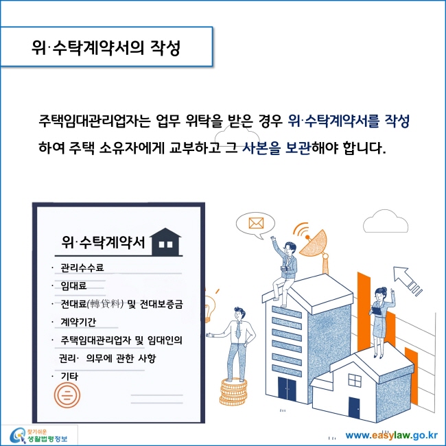 www.easylaw.go.kr 위·수탁계약서의 작성 주택임대관리업자는 업무 위탁을 받은 경우 위·수탁계약서를 작성하여 주택 소유자에게 교부하고 그 사본을 보관해야 합니다. 