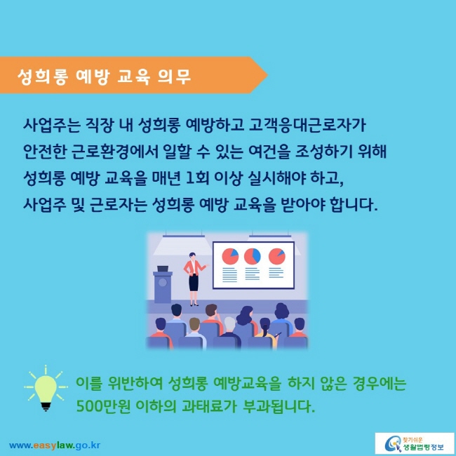 성희롱 예방 교육 의무

사업주는 직장 내 성희롱 예방하고 고객응대근로자가 안전한 근로환경에서 일할 수 있는 여건을 조성하기 위해 성희롱 예방 교육을 매년 1회 이상 실시해야 하고,
사업주 및 근로자는 성희롱 예방 교육을 받아야 합니다.

이를 위반하여 성희롱 예방교육을 하지 않은 경우에는 500만원 이하의 과태료가 부과됩니다. 