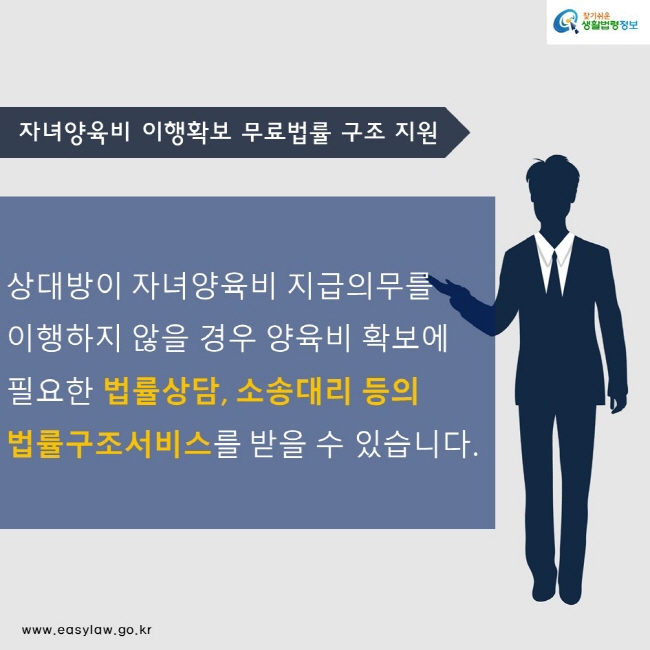 자녀양육비 이행확보 무료법률 구조 지원
상대방이 자녀양육비 지급의무를
이행하지 않을 경우 양육비 확보에 
필요한 법률상담, 소송대리 등의
법률구조서비스를 받을 수 있습니다.
