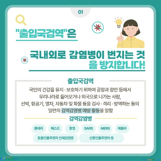 출입국검역은 국내외로 감염병이 번지는 것을 방지합니다. 국민의 건강을 유지 · 보호하기 위하여 공항과 항만 등에서 우리나라로 들어오거나 외국으로 나가는 사람, 선박, 항공기, 열차, 자동차 및 화물 등을 검사 · 격리 · 방역하는 등의 일련의 검역감염병 예방 활동을 말함. 검역감염병: 콜레라, 페스트, 황열, SARS, MERS, 에볼라, 동물인플루엔자 인체감염증, 신종인플루엔자 등