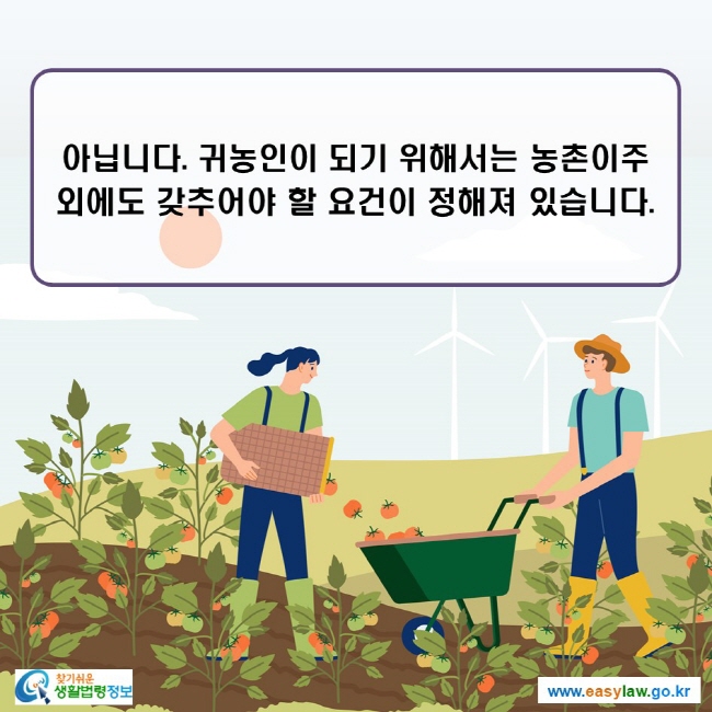 아닙니다. 귀농인이 되기 위해서는 농촌이주 외에도 갖추어야 할 요건이 정해져 있습니다.