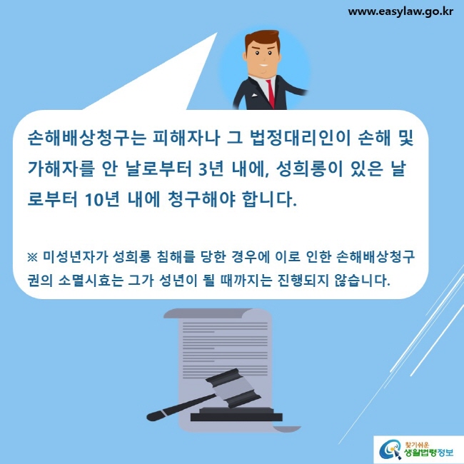 손해배상청구는 피해자나 그 법정대리인이 손해 및 가해자를 안 날로부터 3년 내에, 성희롱이 있은 날로부터 10년 내에 청구해야 합니다.

※ 미성년자가 성희롱 침해를 당한 경우에 이로 인한 손해배상청구권의 소멸시효는 그가 성년이 될 때까지는 진행되지 않습니다.