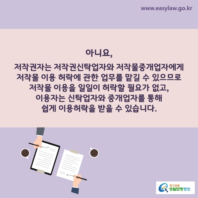 www.easylaw.go.kr 아니요, 저작권자는 저작권신탁업자와 저작물중개업자에게 저작물 이용 허락에 관한 업무를 맡길 수 있으므로저작물 이용을 일일이 허락할 필요가 없고, 이용자는 신탁업자와 중개업자를 통해 쉽게 이용허락을 받을 수 있습니다.