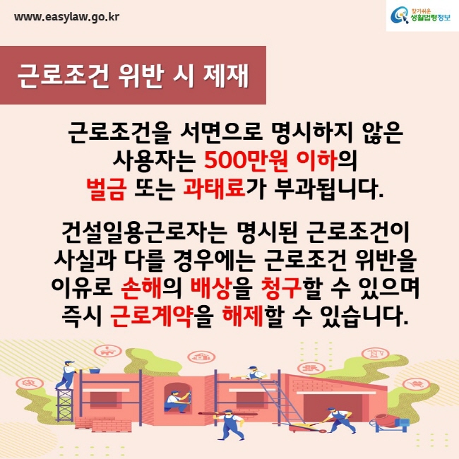 www.easylaw.go.kr찾기쉬운생활법령정보근로조건 위반 시 제재근로조건을 서면으로 명시하지 않은 사용자는 500만원 이하의 벌금 또는 과태료가 부과됩니다.건설일용근로자는 명시된 근로조건이 사실과 다를 경우에는 근로조건 위반을 이유로 손해의 배상을 청구할 수 있으며 즉시 근로계약을 해제할 수 있습니다.