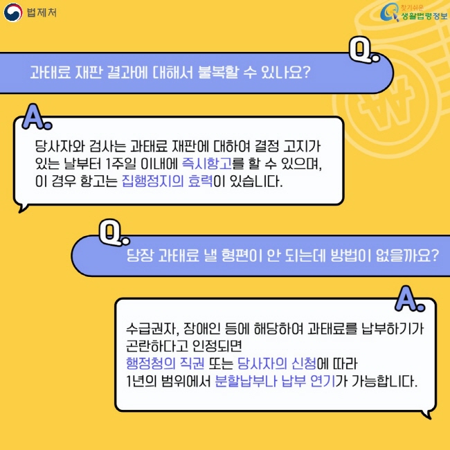 과태료 재판 결과에 대해서 불복할 수 있나요? 당사자와 검사는 과태료 재판에 대하여 결정 고지가 있는 날부터 1주일 이내에 즉시항고를 할 수 있으며, 이 경우 항고는 집행정지의 효력이 있습니다. 당장 과태료 낼 형편이 안 되는데 방법이 없을까요? 수급권자, 장애인 등에 해당하여 과태료를 납부하기가 곤란하다고 인정되면&nbsp;행정청의 직권 또는 당사자의 신청에 따라 1년의 범위에서 분할납부나 납부 연기가 가능합니다.