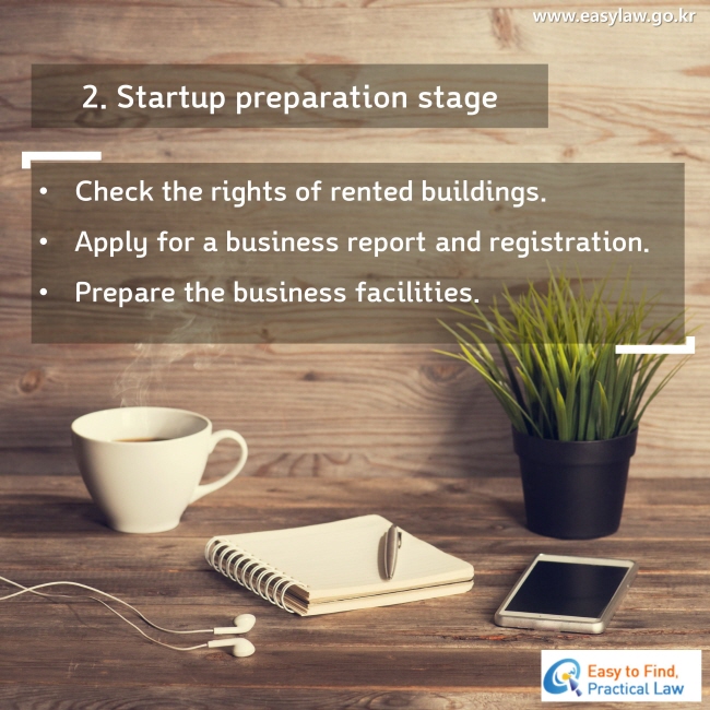 2. Startup preparation stage
Check the rights of rented buildings.
Apply for a business report and registration.
Prepare the business facilities.