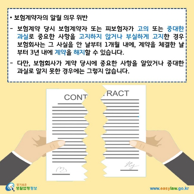 보험계약자의 알릴 의무 위반 보험계약 당시 보험계약자 또는 피보험자가 고의 또는 중대한 과실로 중요한 사항을 고지하지 않거나 부실하게 고지한 경우 보험회사는 그 사실을 안 날부터 1개월 내에, 계약을 체결한 날부터 3년 내에 계약을 해지할 수 있습니다.  다만, 보험회사가 계약 당시에 중요한 사항을 알았거나 중대한 과실로 알지 못한 경우에는 그렇지 않습니다. 찾기쉬운 생활법령정보 로고 www.easylaw.go.kr